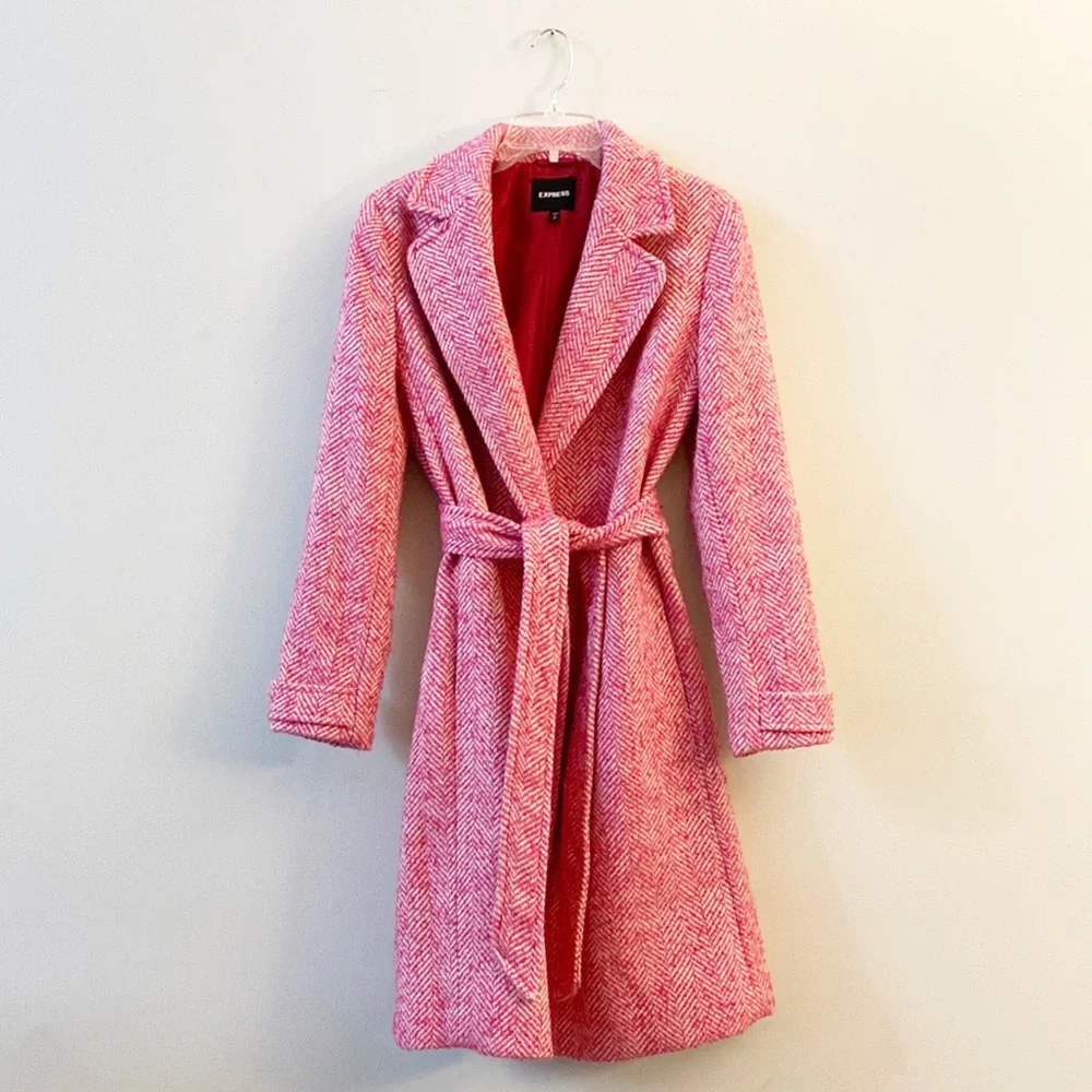 EXPRESS | Pink white tweed Barbicore wool winter coat trench women’s Small - Picture 3 of 8